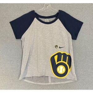 Nike Milwaukee Brewers T-Shirt Womens XXL Gray Navy Raglan Keyhole 2 Slit Back